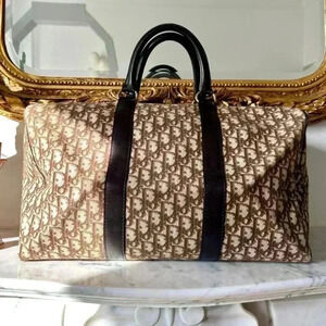 VINTAGE 1970s DIOR large Boston travel bag monogram cloth duffle brown